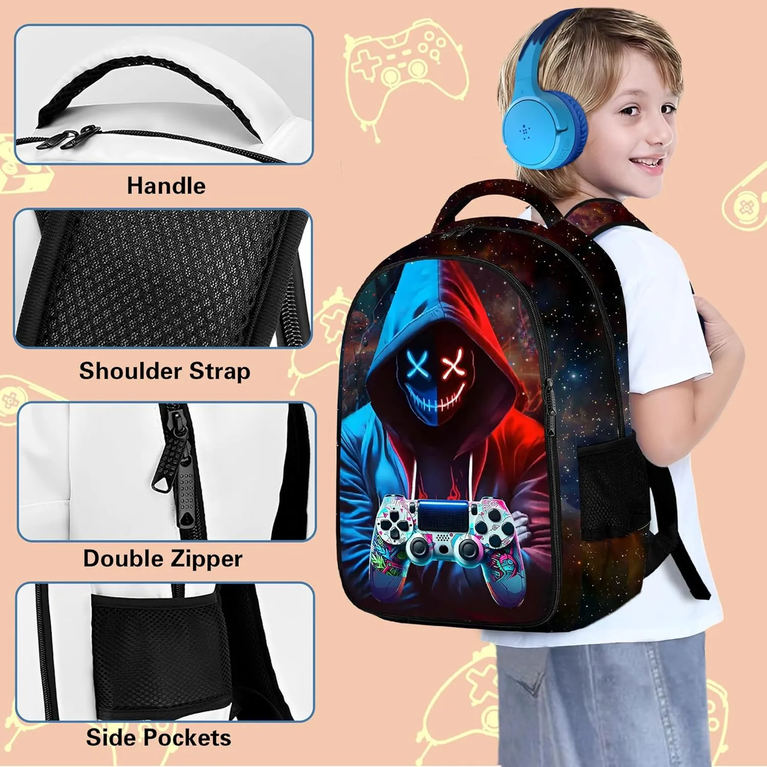 Game Backpack Set for Boys, Gaming Backpack 3 Pack, Boy Backpack Lunch Box, and Pencil Bag for Kids Teens Elementary Middle School Large Capacity Game School Bag 17" Travel Back Pack