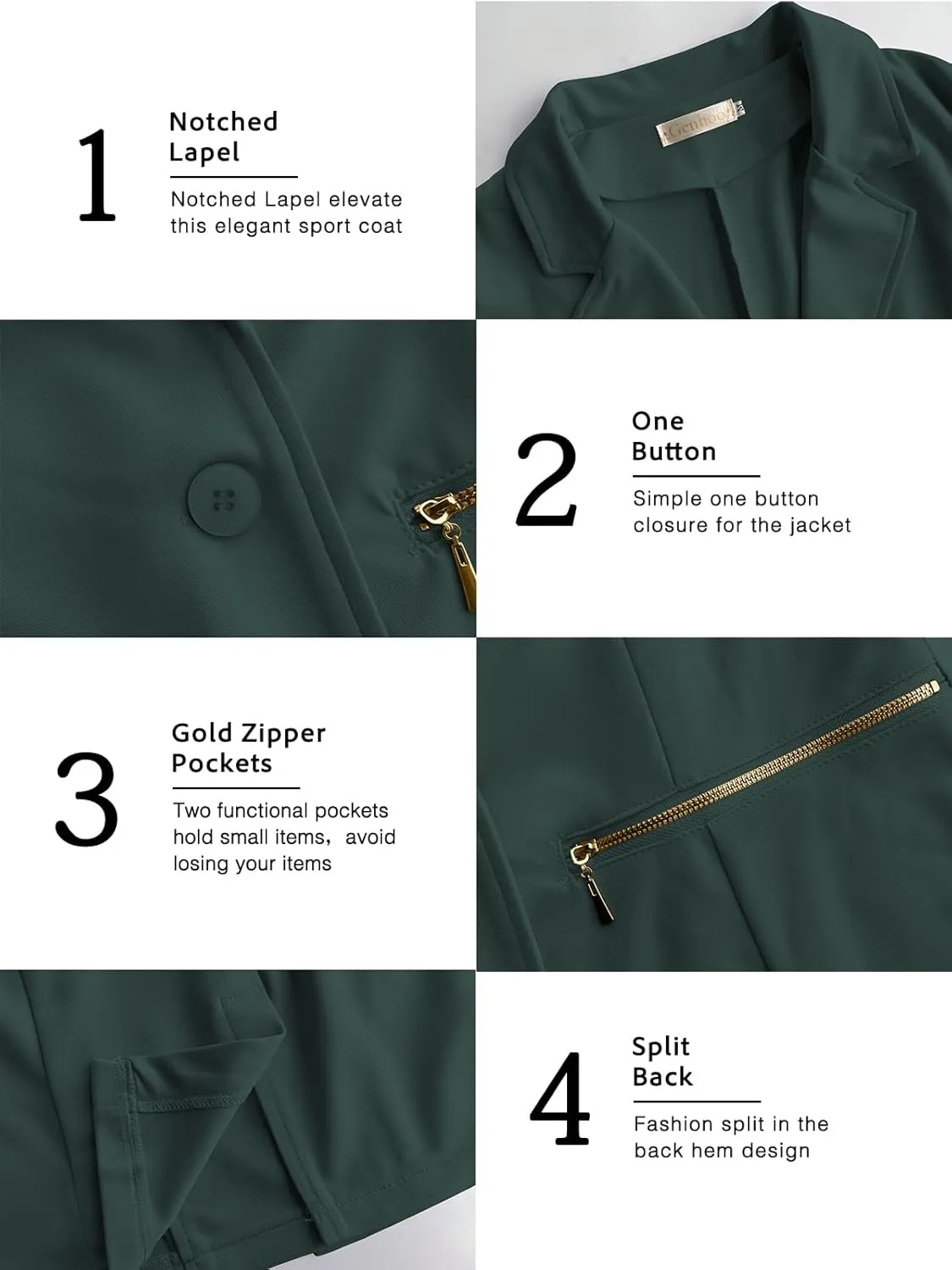 Genhoo Women's Long Sleeve Blazer Open Front Cardigan Jacket Work Office Blazer with Zipper Pockets S-3XL