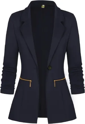 Genhoo Women's Long Sleeve Blazer Open Front Cardigan Jacket Work Office Blazer with Zipper Pockets S-3XL