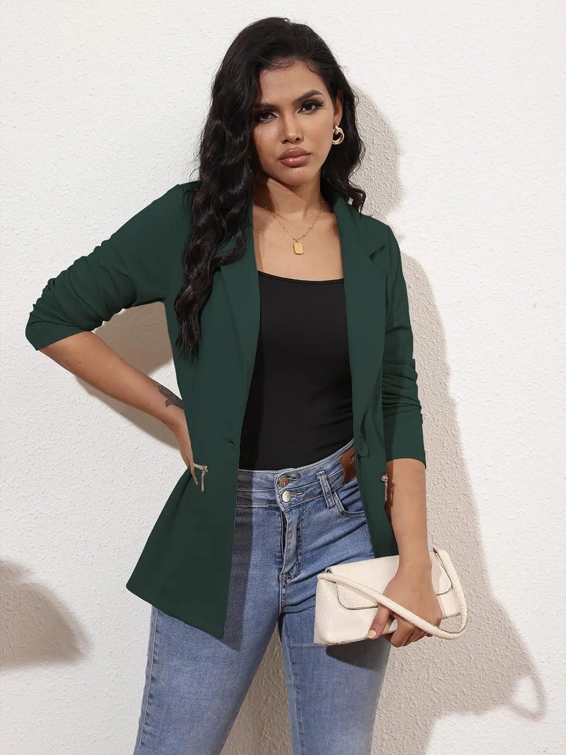 Genhoo Women's Long Sleeve Blazer Open Front Cardigan Jacket Work Office Blazer with Zipper Pockets S-3XL