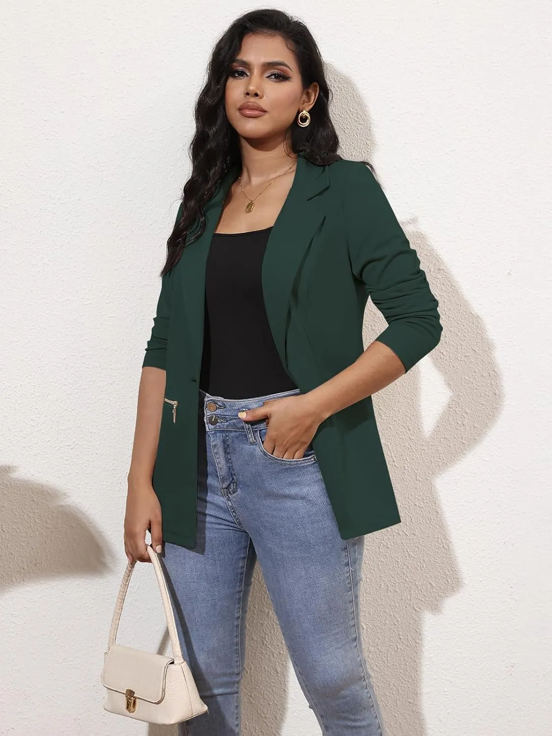 Genhoo Women's Long Sleeve Blazer Open Front Cardigan Jacket Work Office Blazer with Zipper Pockets S-3XL
