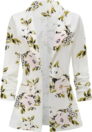 Genhoo Women's Long Sleeve Blazer Open Front Cardigan Jacket Work Office Blazer with Zipper Pockets S-3XL