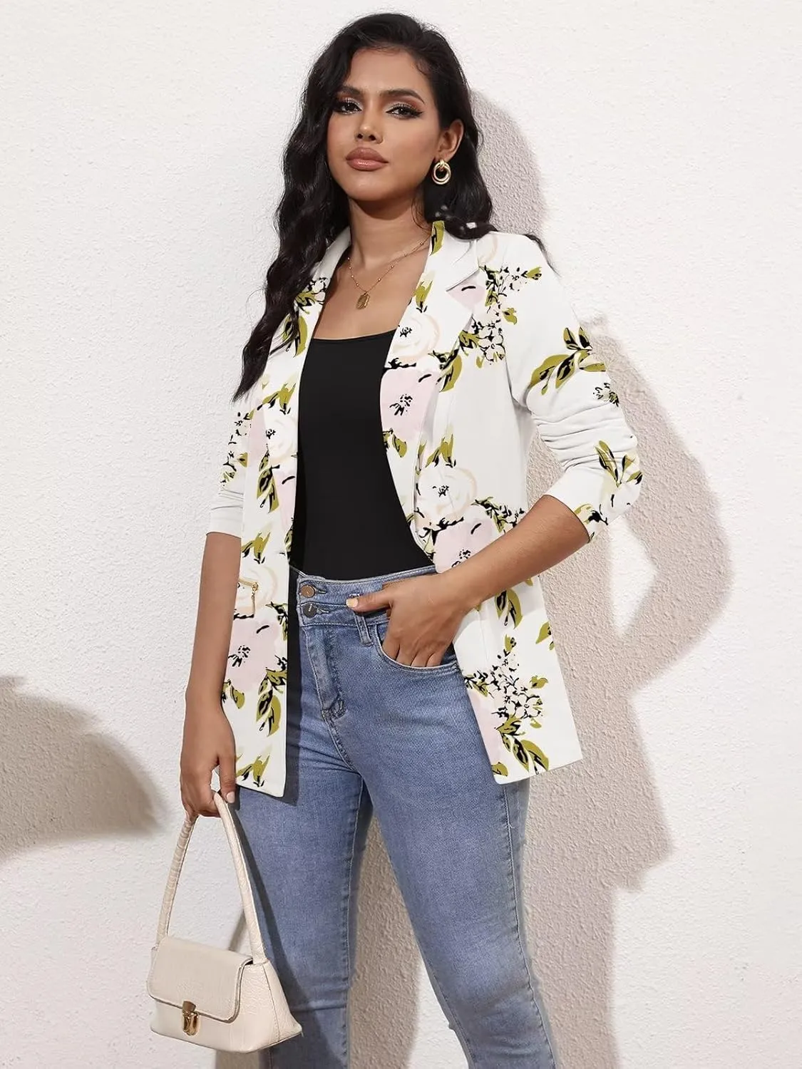 Genhoo Women's Long Sleeve Blazer Open Front Cardigan Jacket Work Office Blazer with Zipper Pockets S-3XL