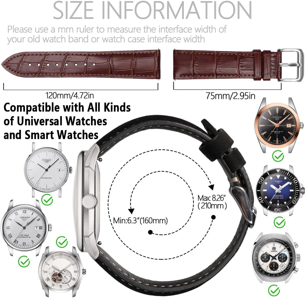 Genuine Leather Alligator Grain Watch Band Women Men Quick Release Bands Vintage Classic Wristbands Replacement Strap for 18mm 19mm 20mm 21mm 22mm 24mm