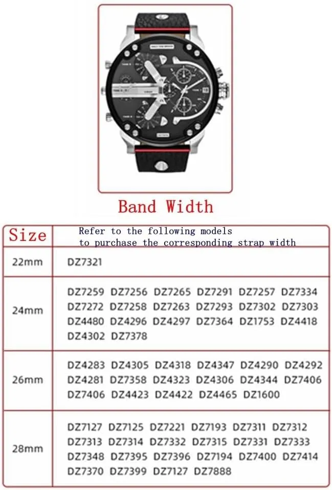 Genuine Leather Replacement Straps Compatible for Men's 24mm 26mm 28mm Spring Bar Diesel Leather Watch Band Strap with Stainless Steel Buckle