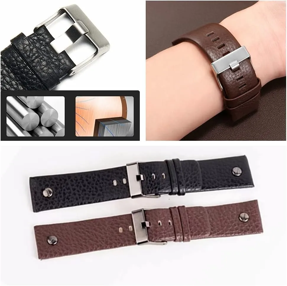 Genuine Leather Replacement Straps Compatible for Men's 24mm 26mm 28mm Spring Bar Diesel Leather Watch Band Strap with Stainless Steel Buckle