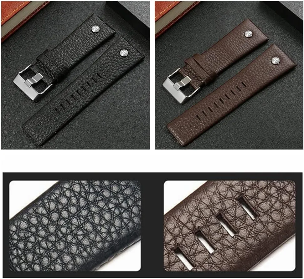 Genuine Leather Replacement Straps Compatible for Men's 24mm 26mm 28mm Spring Bar Diesel Leather Watch Band Strap with Stainless Steel Buckle