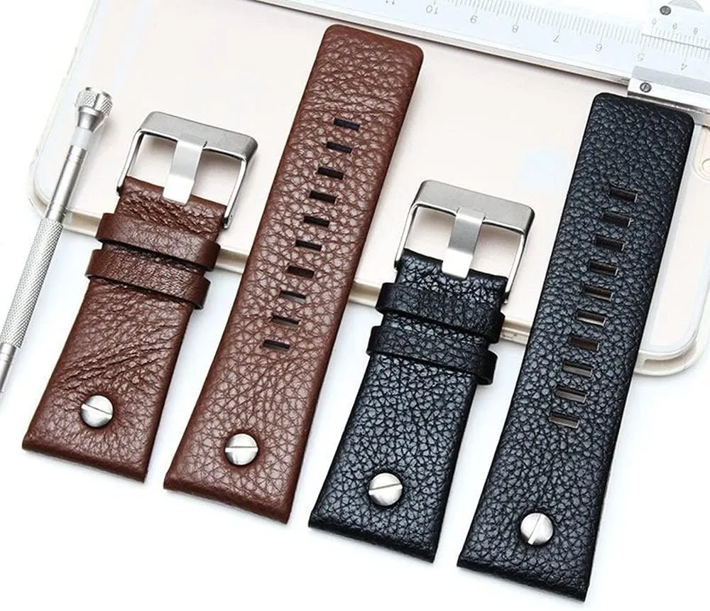 Genuine Leather Replacement Straps Compatible for Men's 24mm 26mm 28mm Spring Bar Diesel Leather Watch Band Strap with Stainless Steel Buckle