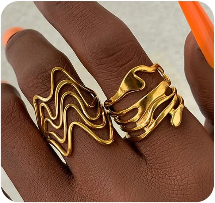 GIGB PBDK Chunky Gold Liquid Metal Stacked Rings, 2pcs Irregular Geometric Statement Lava Wave Ring Set, Minimalist Open Hollow Jewelry Gift