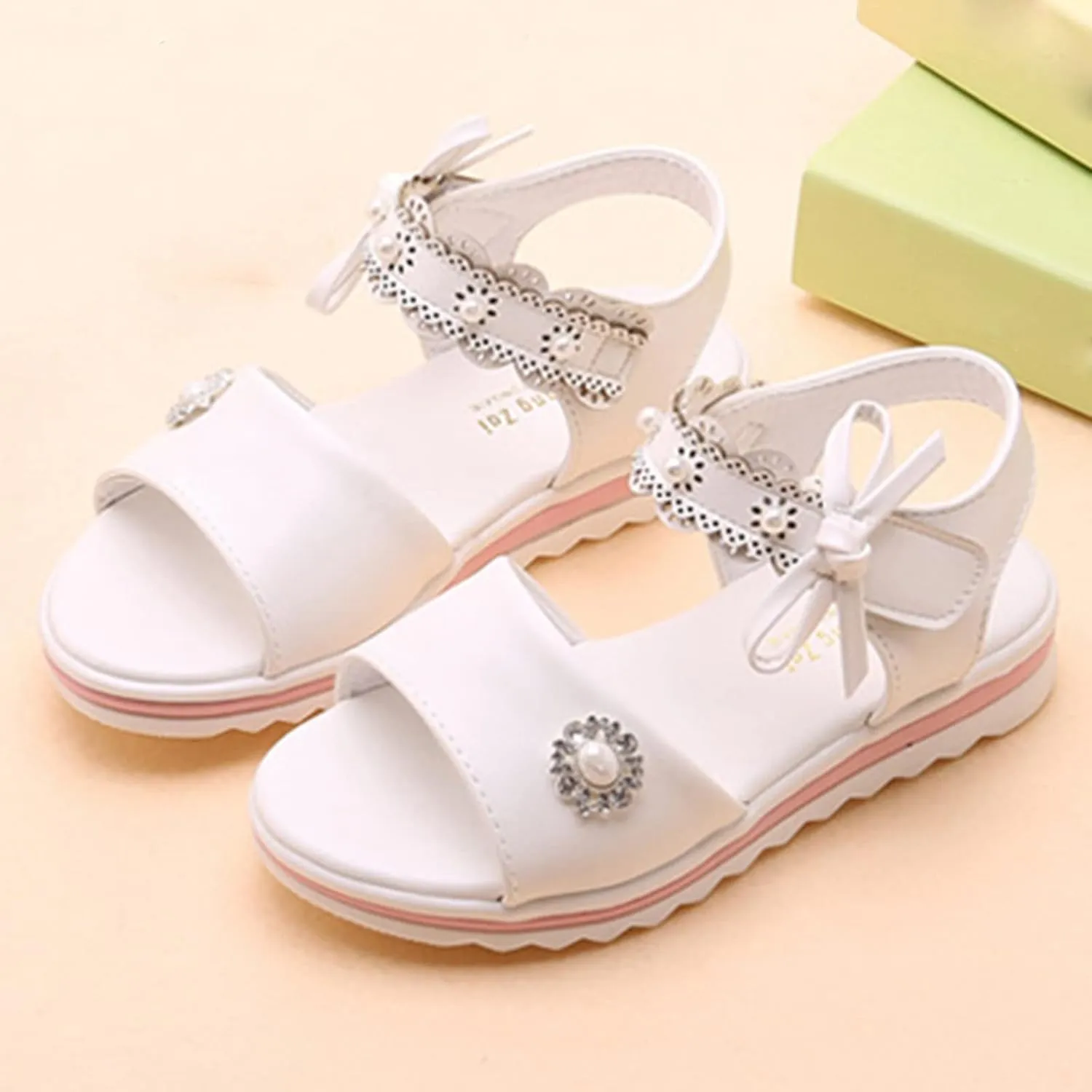 Girls Sandals Open Toe Cute Flat Dress Sandals Strappy Summer Outdoor Beach Shoes Toddler/Little (White, 3 Big Kids)