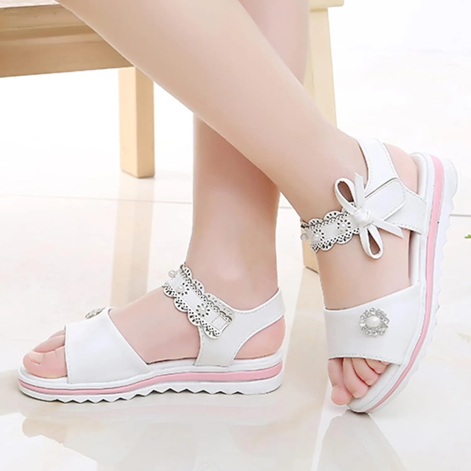 Girls Sandals Open Toe Cute Flat Dress Sandals Strappy Summer Outdoor Beach Shoes Toddler/Little (White, 3 Big Kids)