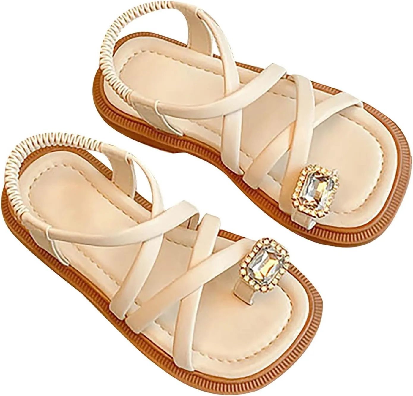 Girls Sandals Open Toe Cute No Heels Dress Sandals Strappy Design Summer Shoes Toddler/Little (Beige, 3 Big Kids)