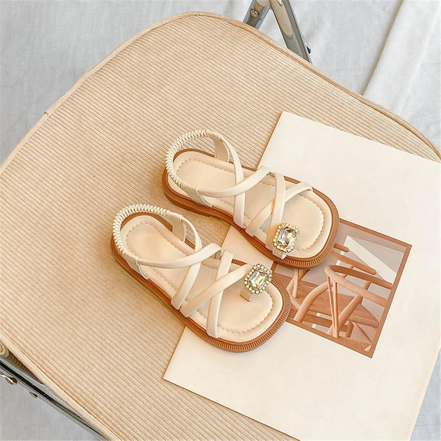 Girls Sandals Open Toe Cute No Heels Dress Sandals Strappy Design Summer Shoes Toddler/Little (Beige, 3 Big Kids)