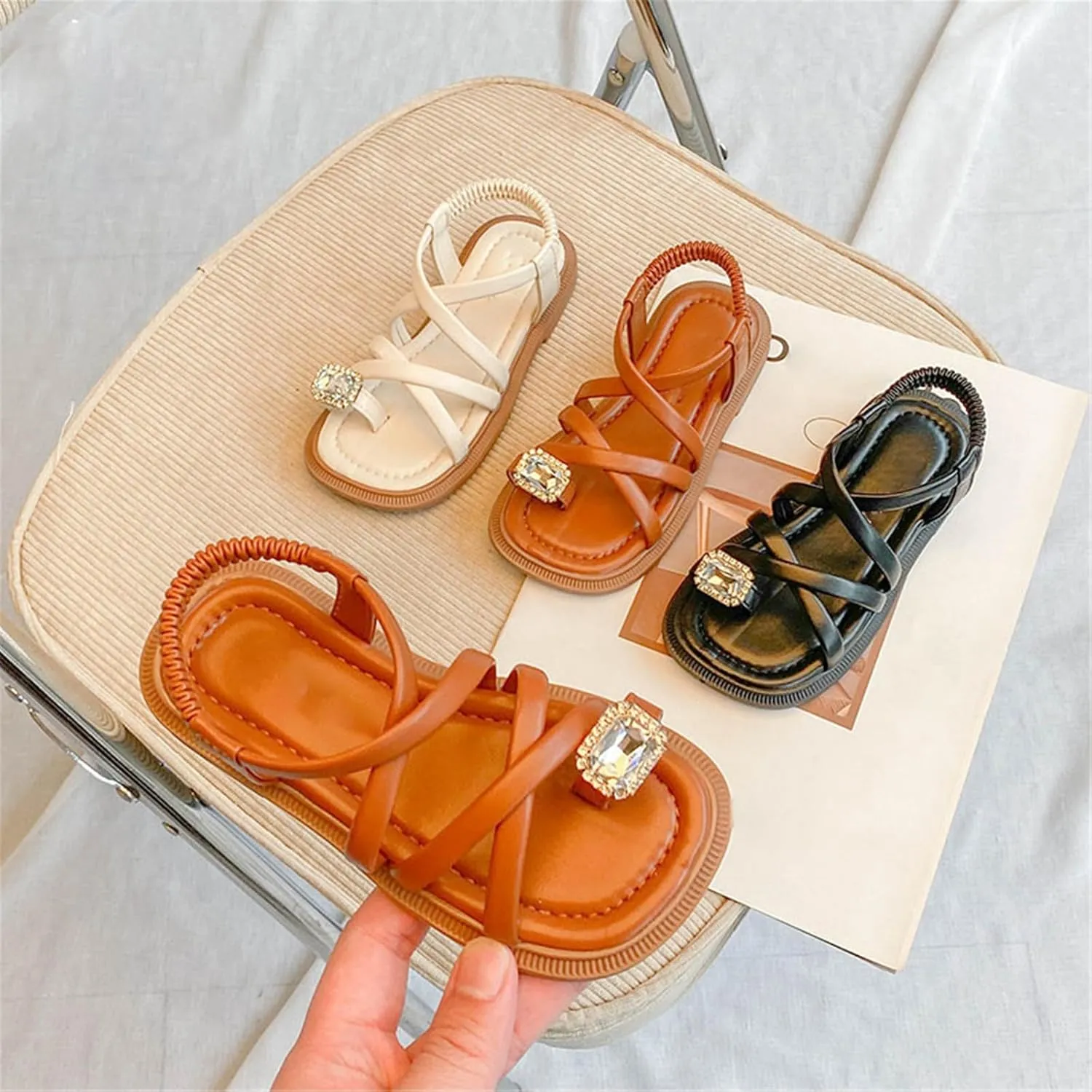 Girls Sandals Open Toe Cute No Heels Dress Sandals Strappy Design Summer Shoes Toddler/Little (Beige, 3 Big Kids)