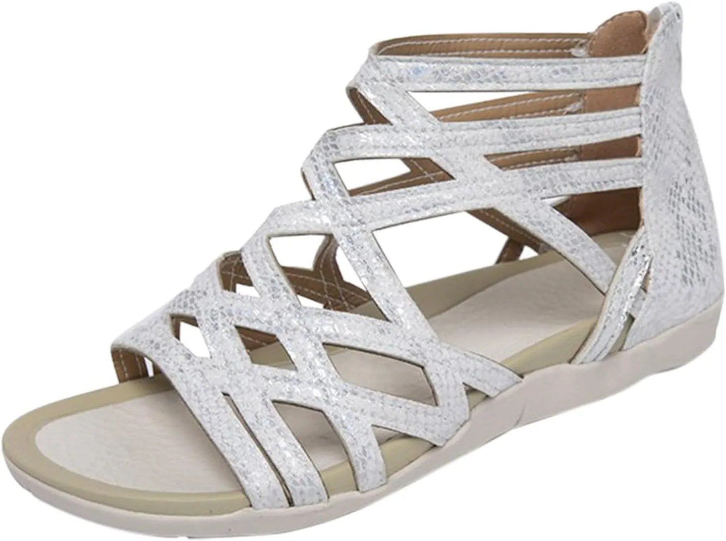 Gladiator Strappy Sandals for Women Dressy Summer Comfortable Flat Roman Sandals Open Toe Slip On Beach Wedges Zipper Back Dress Shoes