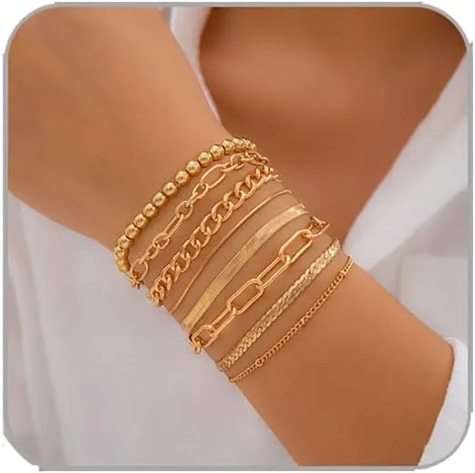 Gold Beaded Bracelets for Women 14K Gold Plated Beaded Chain Bracelet Set Stackable Adjustable Gold Bracelet Jewelry Present