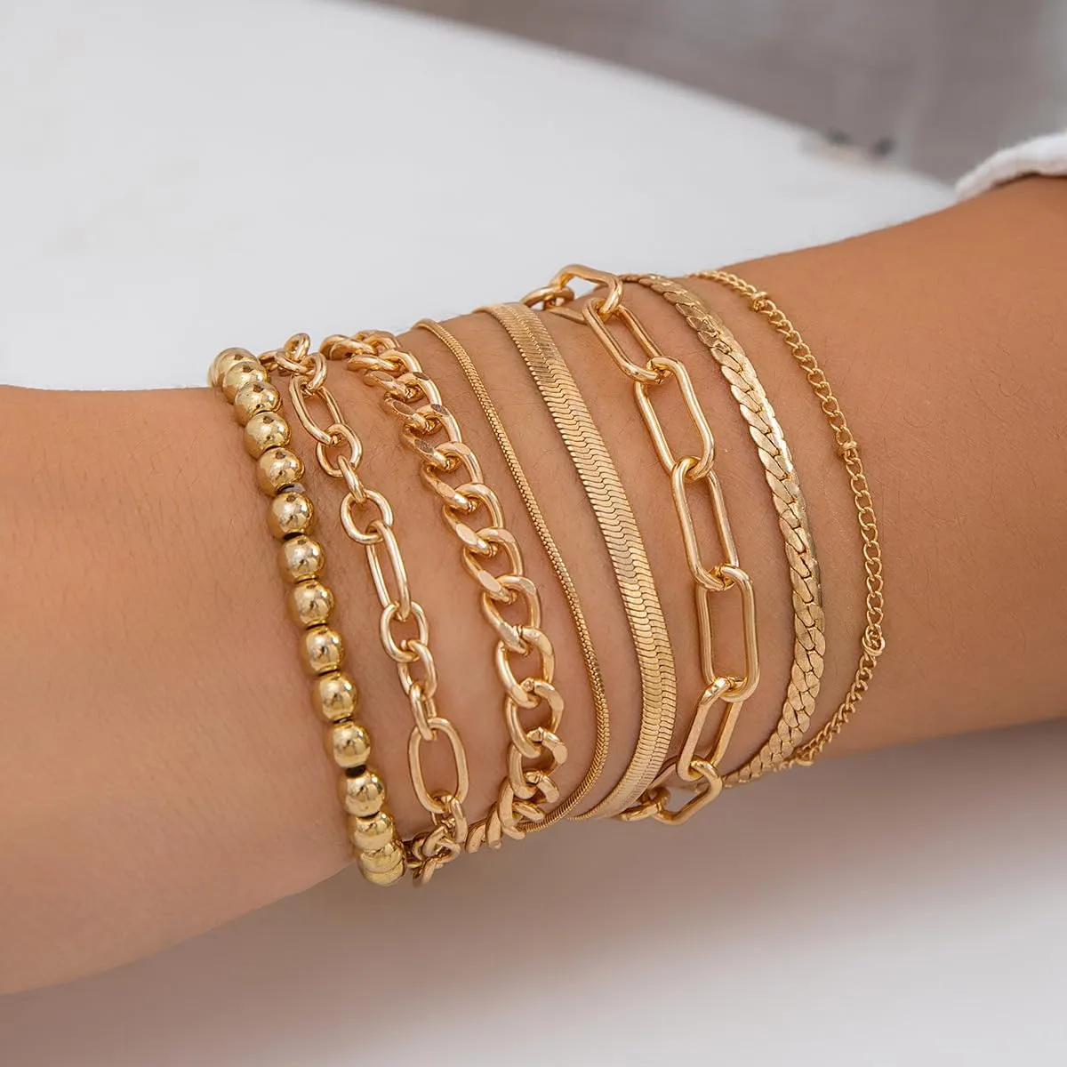 Gold Beaded Bracelets for Women 14K Gold Plated Beaded Chain Bracelet Set Stackable Adjustable Gold Bracelet Jewelry Present