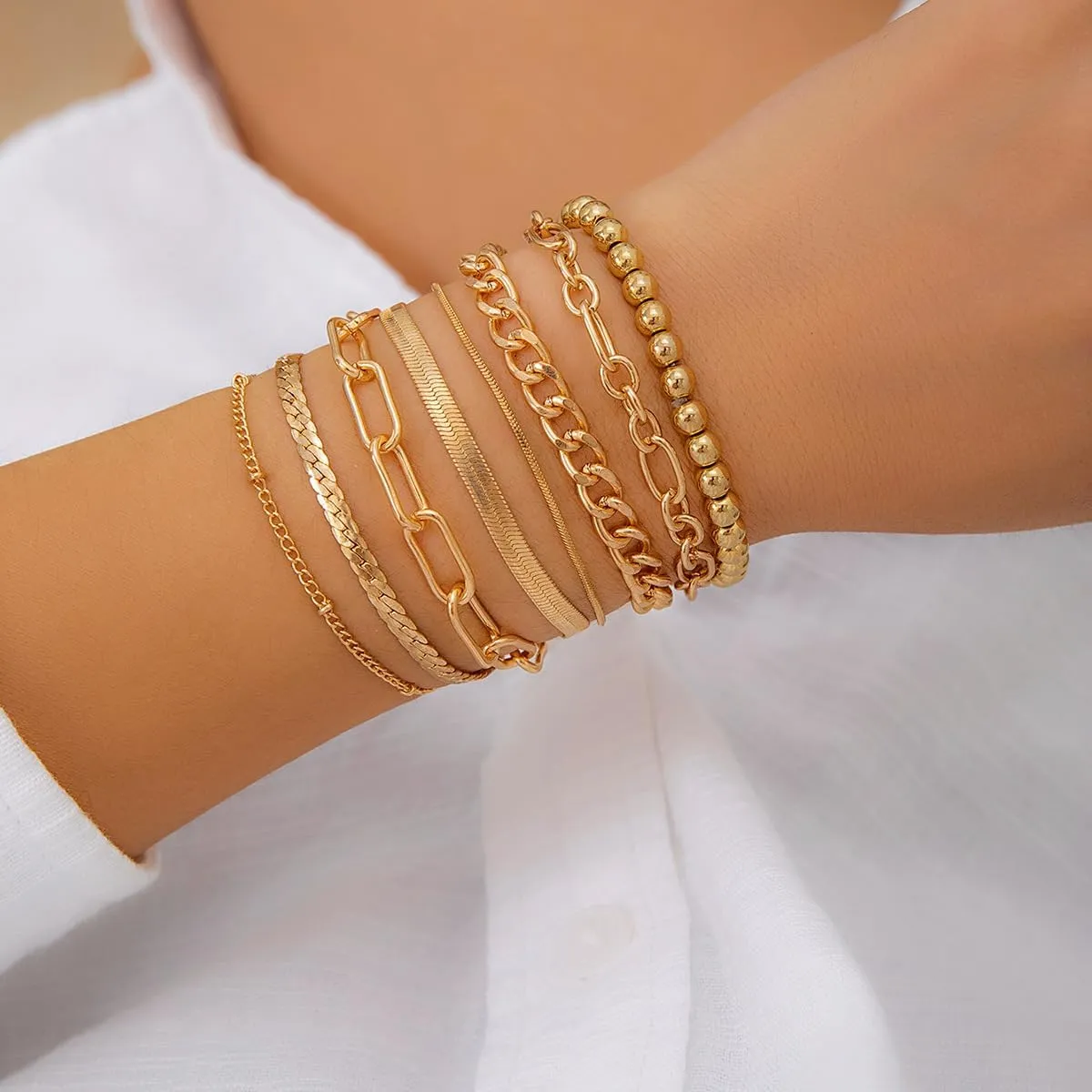 Gold Beaded Bracelets for Women 14K Gold Plated Beaded Chain Bracelet Set Stackable Adjustable Gold Bracelet Jewelry Present