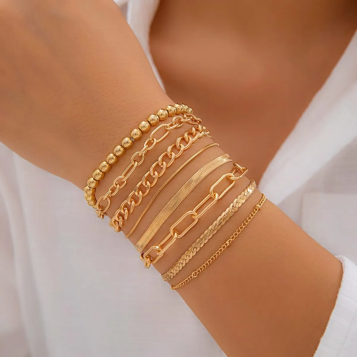 Gold Beaded Bracelets for Women 14K Gold Plated Beaded Chain Bracelet Set Stackable Adjustable Gold Bracelet Jewelry Present