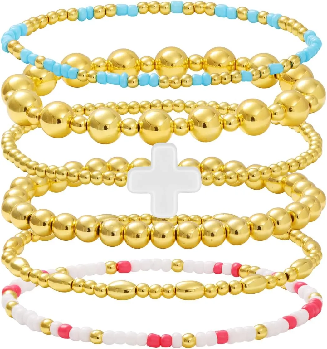 Gold Beaded Bracelets for Women: Gold Bracelets for Women Trendy Gold Bracelet Stack Sets for Women - 14k Gold Bead Stretch Bracelets Non Tarnish for Women Gold Plated Stackable Stretch Bracelets