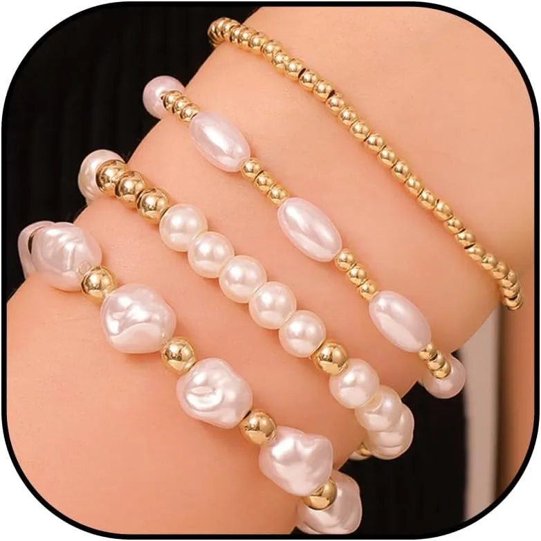 Gold Beaded Bracelets for Women Non Tarnish Dainty Pearl Beaded Bracelet for Womens Silver Bead Bracelets Stack Stretch Bracelets Jewelry Gifts 2025