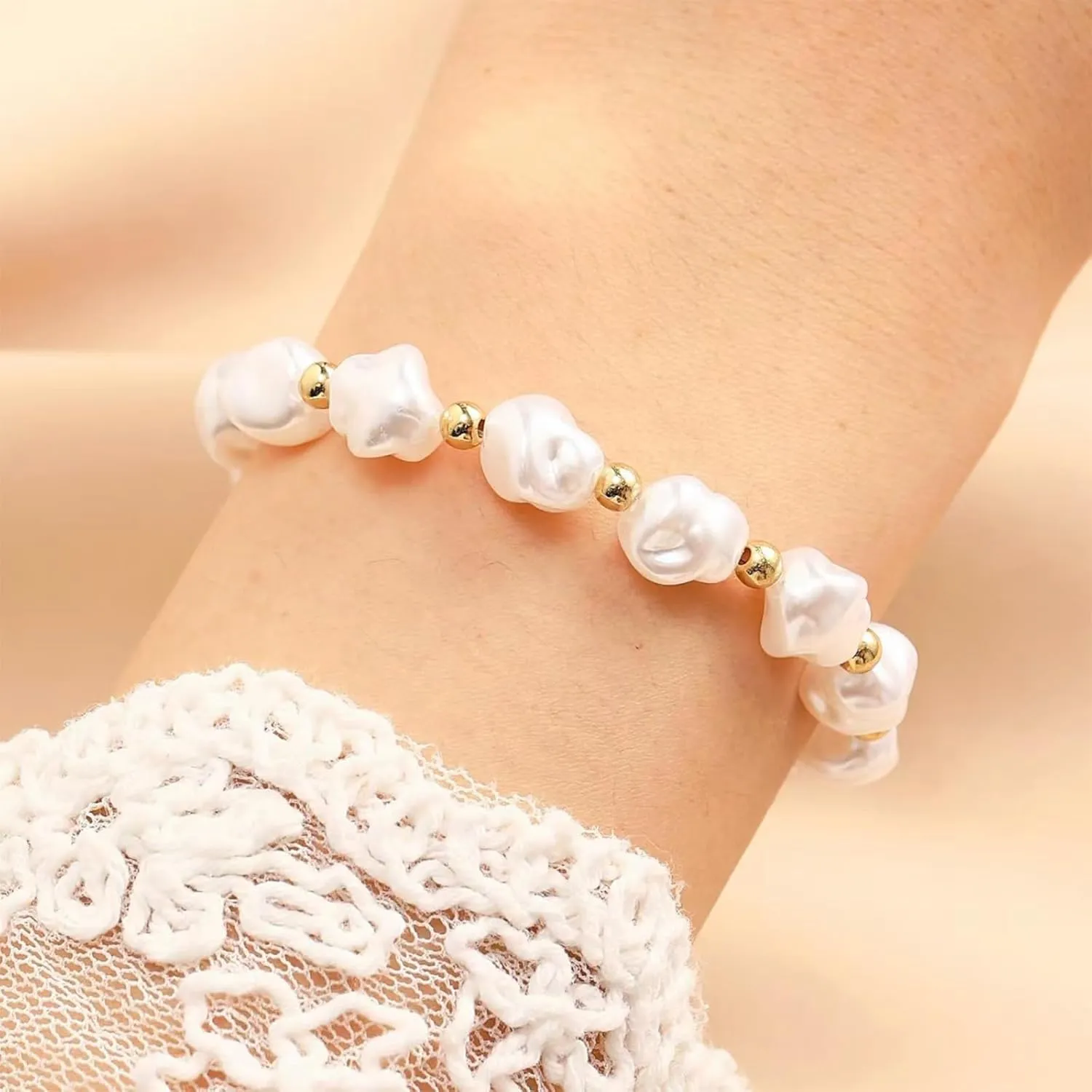 Gold Beaded Bracelets for Women Non Tarnish Dainty Pearl Beaded Bracelet for Womens Silver Bead Bracelets Stack Stretch Bracelets Jewelry Gifts 2025