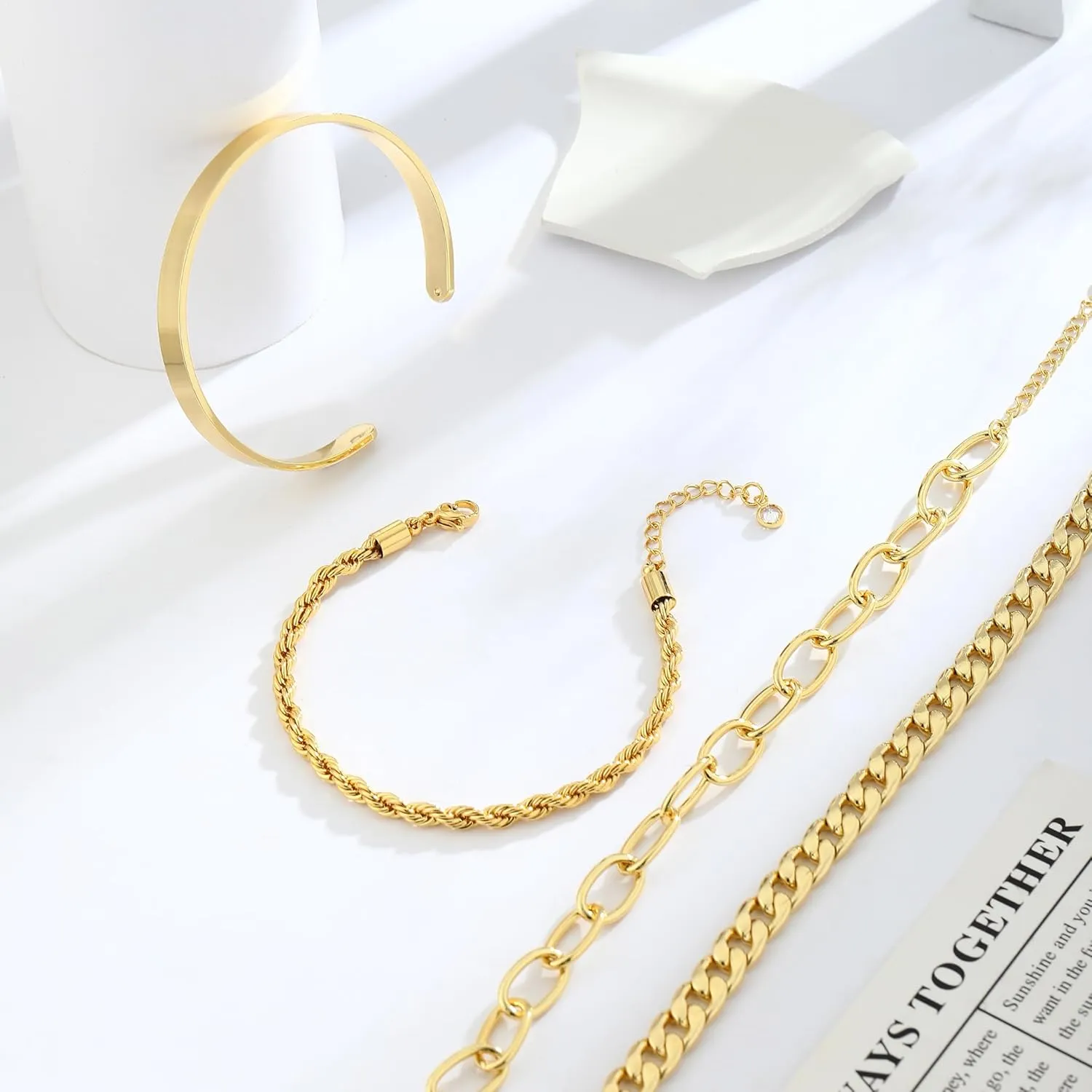 Gold Bracelets for Women, 14K Gold Plated Chunky Stackable Bracelet Set, Dainty Paperclip Chain Cuban Link Layered Non Tarnish Trendy Gold Bracelets Stack for Women
