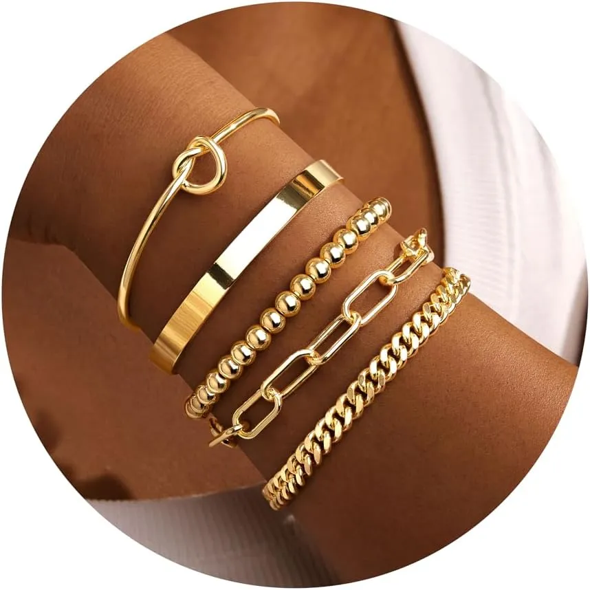 Gold Bracelets for Women Non Tarnish, 14K Gold Plated Chunky Cuff Bracelet Gold Bangles Bracelet for Women Trendy Tie Knot Cuban Rope Paperclip Beaded Bracelet Stack Jewelry Gifts