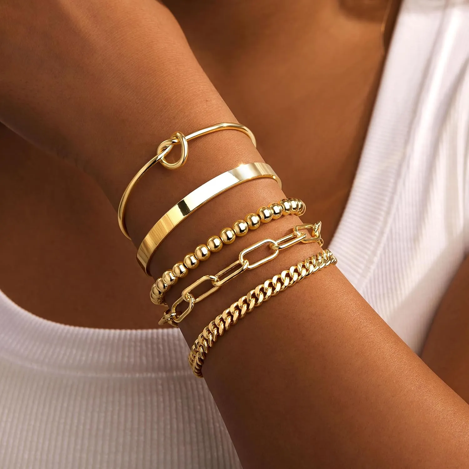 Gold Bracelets for Women Non Tarnish, 14K Gold Plated Chunky Cuff Bracelet Gold Bangles Bracelet for Women Trendy Tie Knot Cuban Rope Paperclip Beaded Bracelet Stack Jewelry Gifts