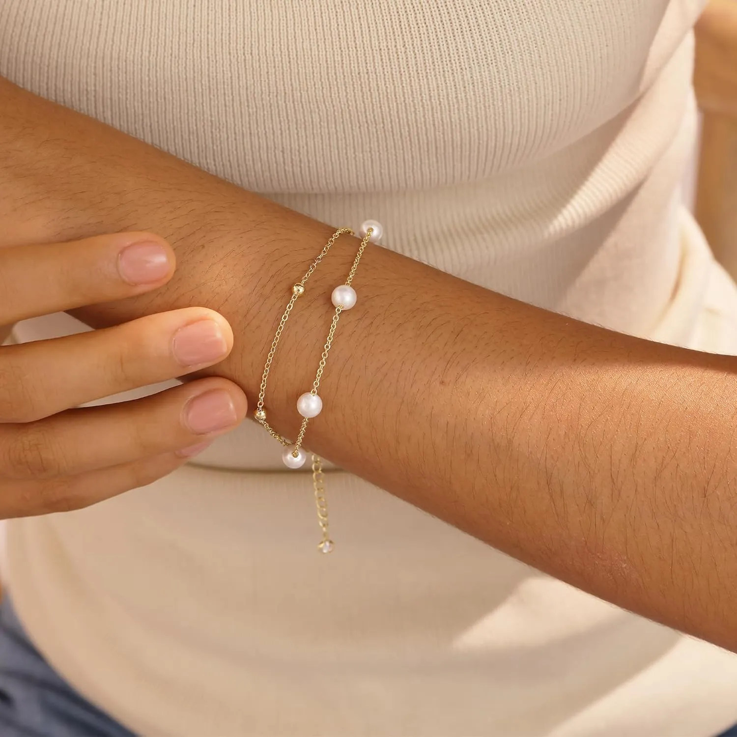 Gold Bracelets for Women,Dainty Gold Bracelet Stack 14K Gold Plated Pearl Bracelet Set Cute Tennis Bracelet Stackable Chain Bracelets for Women Waterproof Pearl Bead Bracelet Womens Jewelry