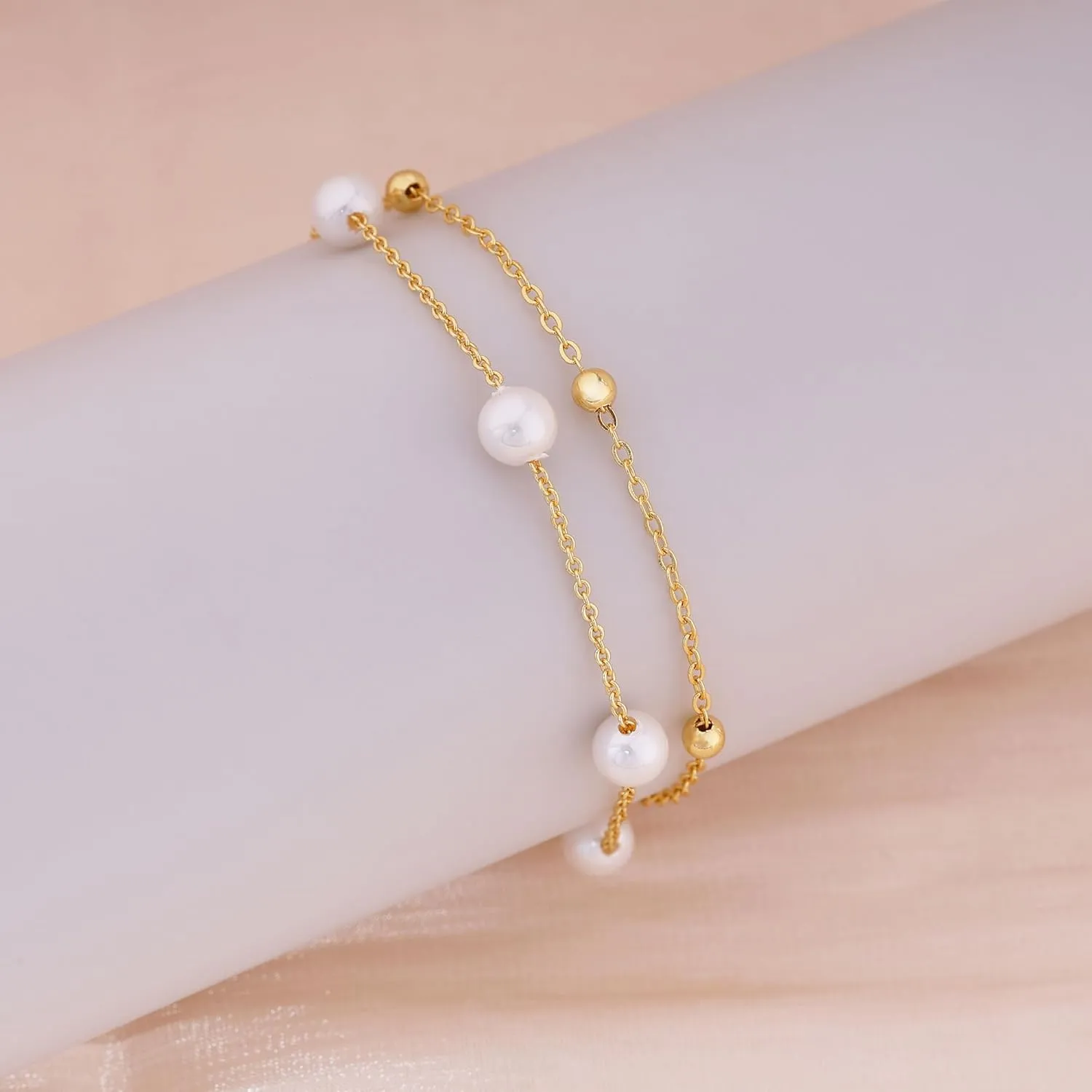 Gold Bracelets for Women,Dainty Gold Bracelet Stack 14K Gold Plated Pearl Bracelet Set Cute Tennis Bracelet Stackable Chain Bracelets for Women Waterproof Pearl Bead Bracelet Womens Jewelry