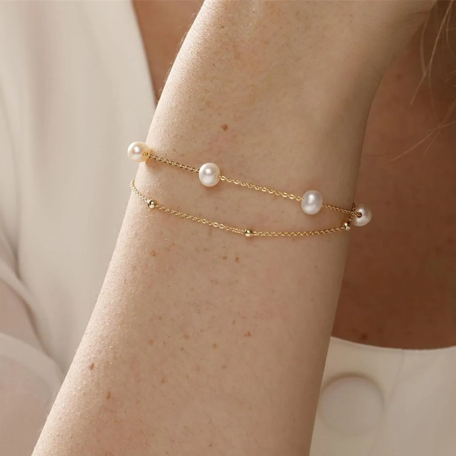 Gold Bracelets for Women,Dainty Gold Bracelet Stack 14K Gold Plated Pearl Bracelet Set Cute Tennis Bracelet Stackable Chain Bracelets for Women Waterproof Pearl Bead Bracelet Womens Jewelry