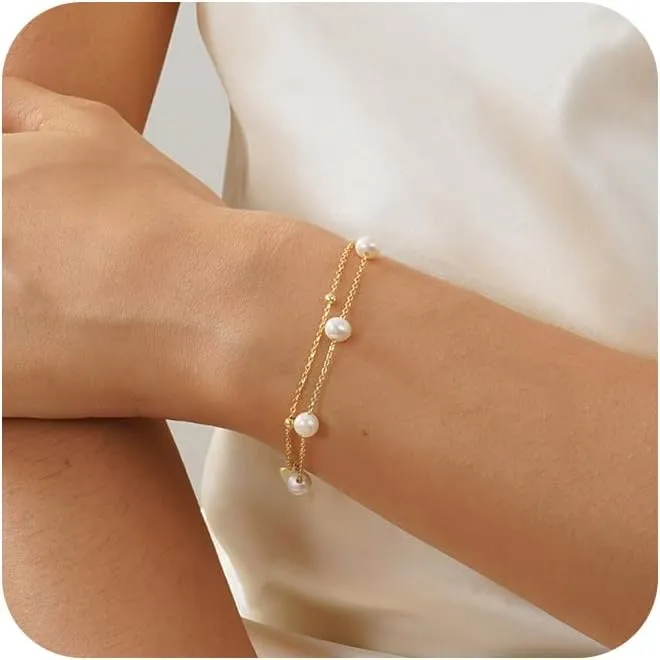 Gold Bracelets for Women,Dainty Gold Bracelet Stack 14K Gold Plated Pearl Bracelet Set Cute Tennis Bracelet Stackable Chain Bracelets for Women Waterproof Pearl Bead Bracelet Womens Jewelry