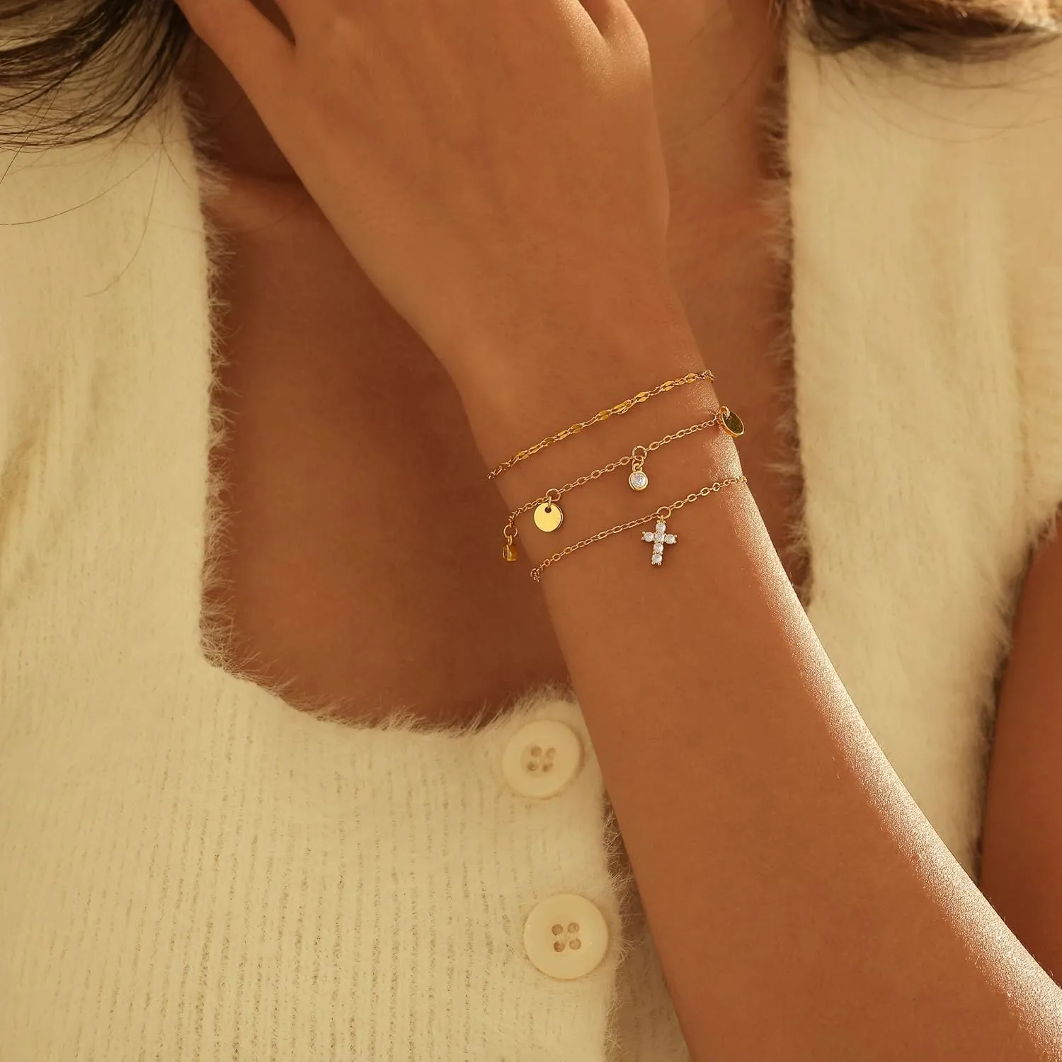 Gold Bracelets For Women,Fashion 14k Gold Plated Charm Chain Bracelet Stack Cute Tennis Paperclip Cross Bracelet Set Gold Stackable Bracelets For Women Non Tarnish Beach Jewelry