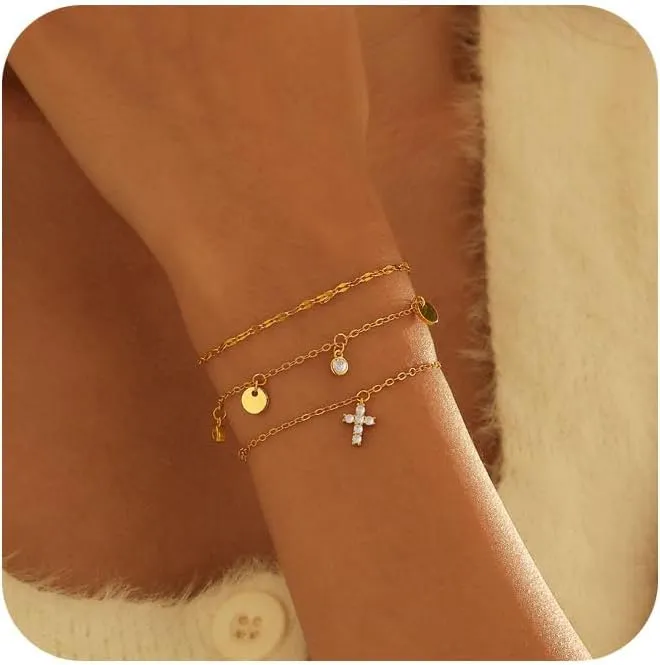 Gold Bracelets For Women,Fashion 14k Gold Plated Charm Chain Bracelet Stack Cute Tennis Paperclip Cross Bracelet Set Gold Stackable Bracelets For Women Non Tarnish Beach Jewelry