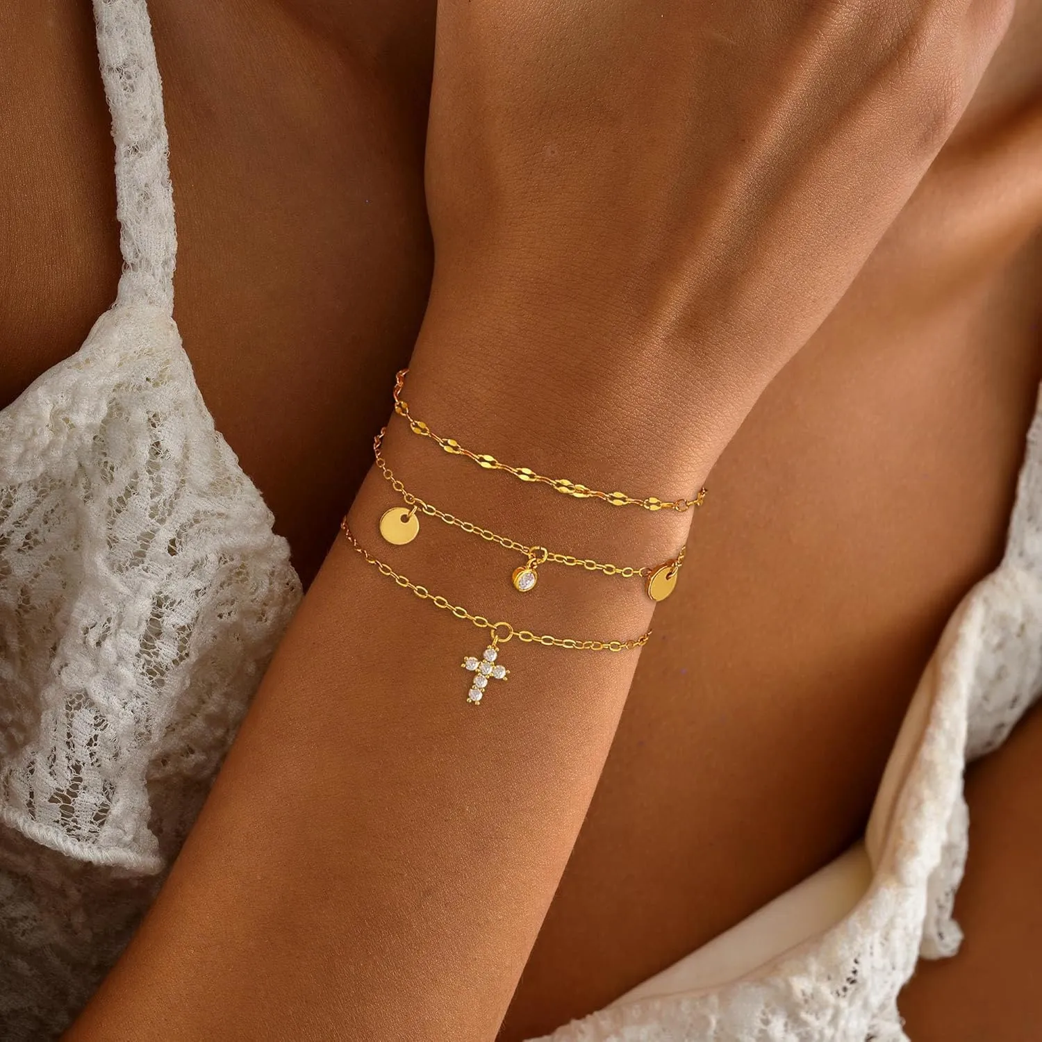 Gold Bracelets For Women,Fashion 14k Gold Plated Charm Chain Bracelet Stack Cute Tennis Paperclip Cross Bracelet Set Gold Stackable Bracelets For Women Non Tarnish Beach Jewelry
