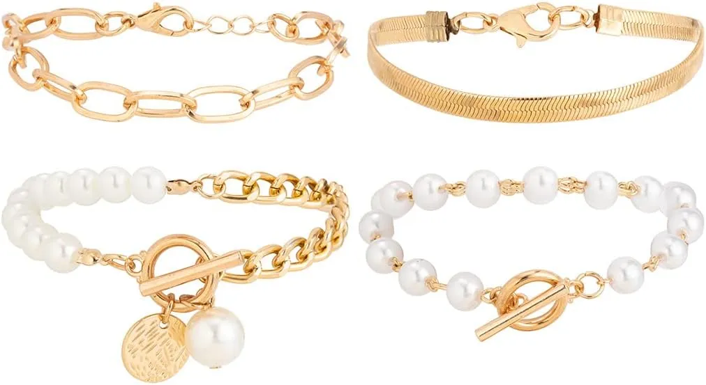Gold Chain Link Bracelet Set for Women 14K Real Gold Plated Pearl Bracelet Snake Bracelet Paperclip Link Chain Bracelets Stackable Gold Bracelets Trendy Jewelry for Women