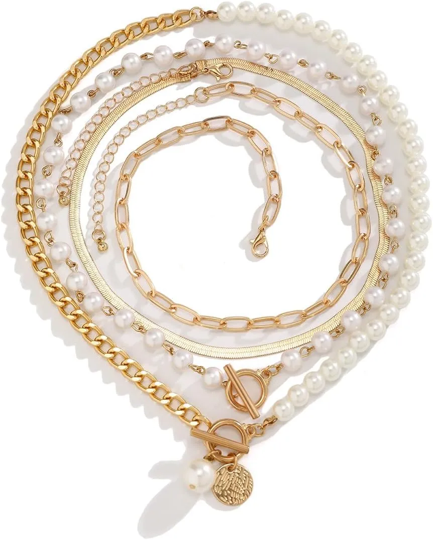 Gold Layered Necklaces for Women Trendy Chunky Paperclip Chain Cuban Link Herringbone Pearl Toggle Clasp Necklaces Summer Beach Surfer Jewelry Accessories for Her
