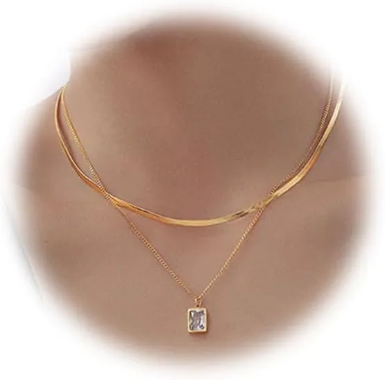 Gold Multi-layered Necklaces for Women Squares Crystal Zircon Pendant Necklace Multi-layered Snake Bone Chain Choker Necklace with Dainty Rectangle Pendant Women Jewelry (gold-white)