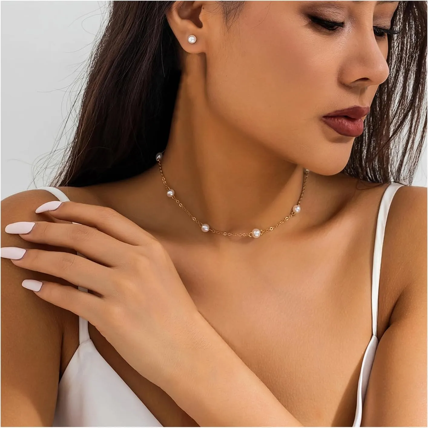Gold Pearl Necklace for Women 14K Gold Plated Layered Pearl Necklaces Silver Choker Necklaces Every Jewels Dainty Silver Necklace Jewelry for Women