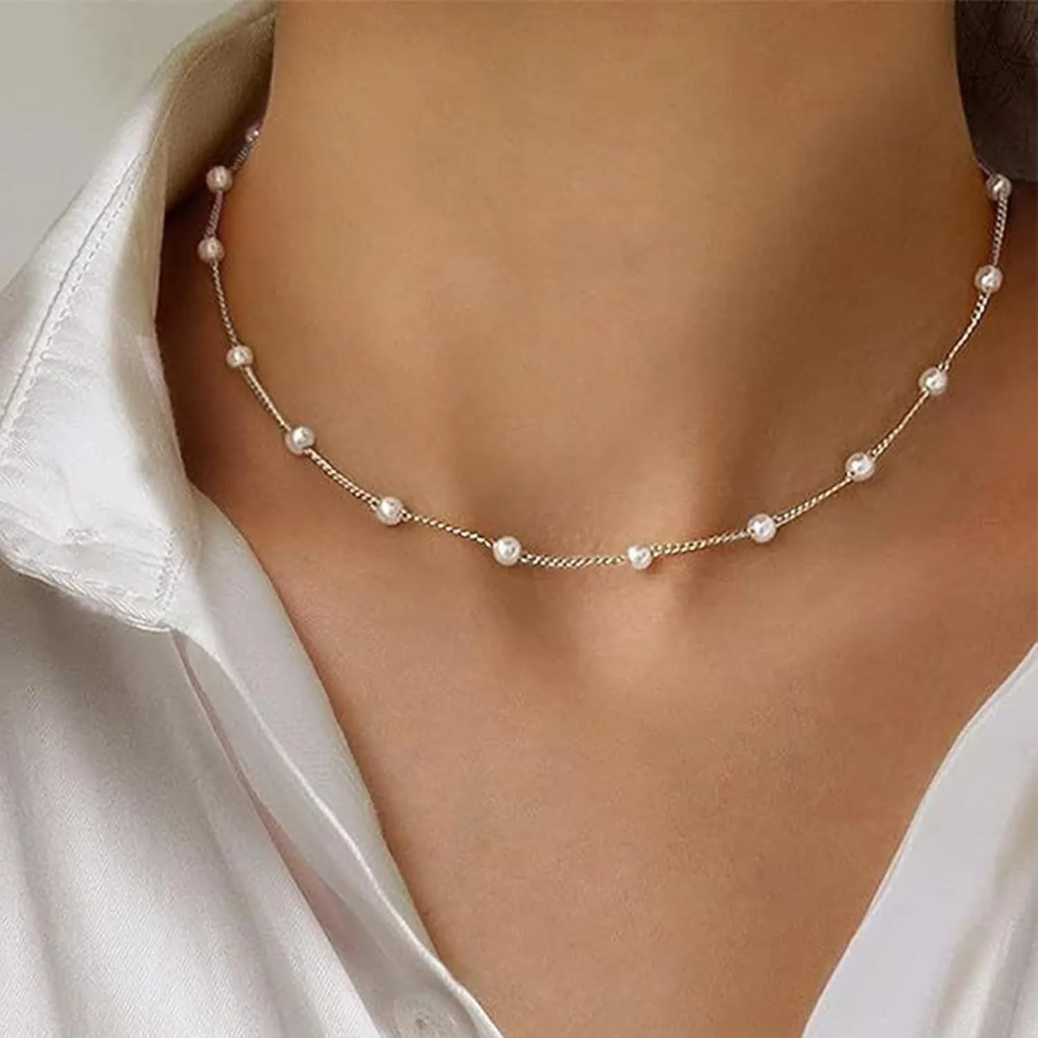 Gold Pearl Necklace for Women 14K Gold Plated Layered Pearl Necklaces Silver Choker Necklaces Every Jewels Dainty Silver Necklace Jewelry for Women