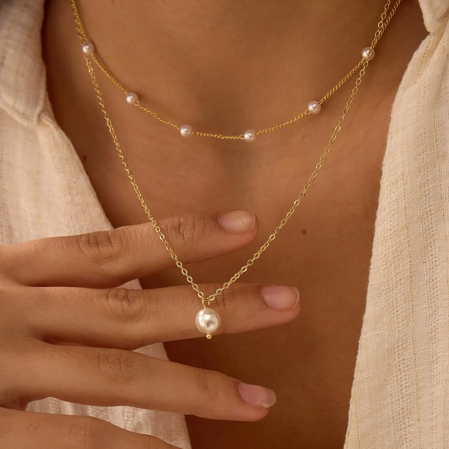 Gold Pearl Necklaces for Women, 14K Natural Freshwater Dainty Pearl Choker Necklaces for Women, Elegant Jewelry for Mom, Wife - Valentine's Day, Anniversary, Wedding Gift