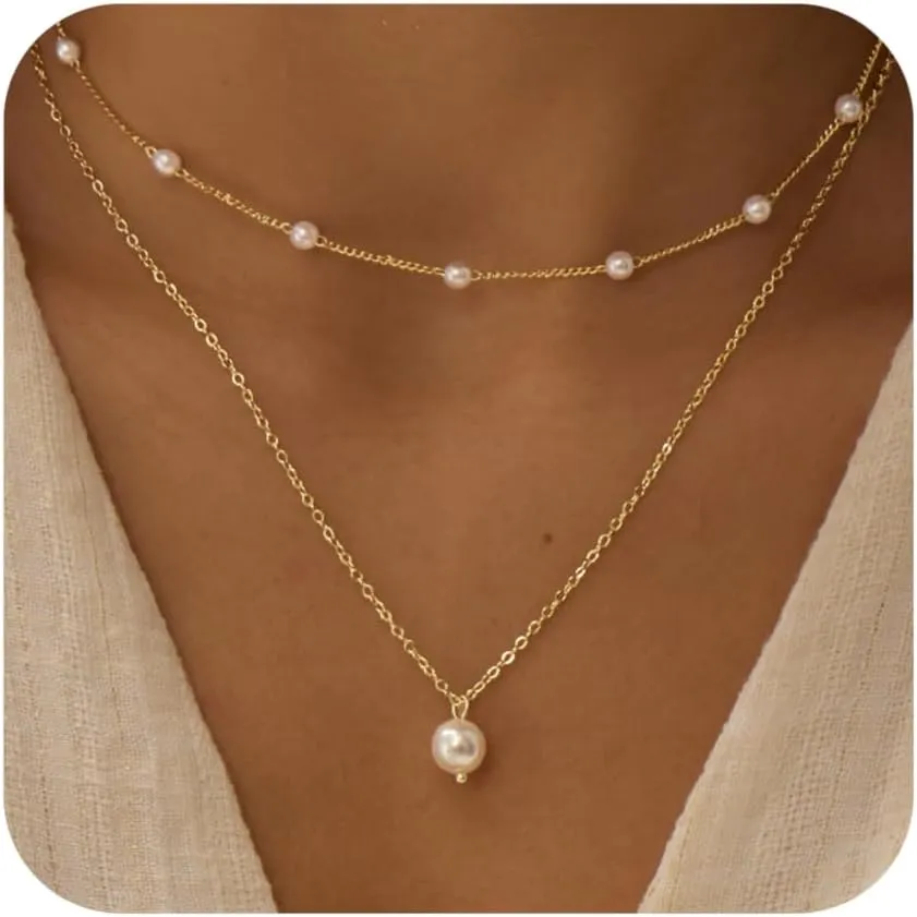 Gold Pearl Necklaces for Women, 14K Natural Freshwater Dainty Pearl Choker Necklaces for Women, Elegant Jewelry for Mom, Wife - Valentine's Day, Anniversary, Wedding Gift