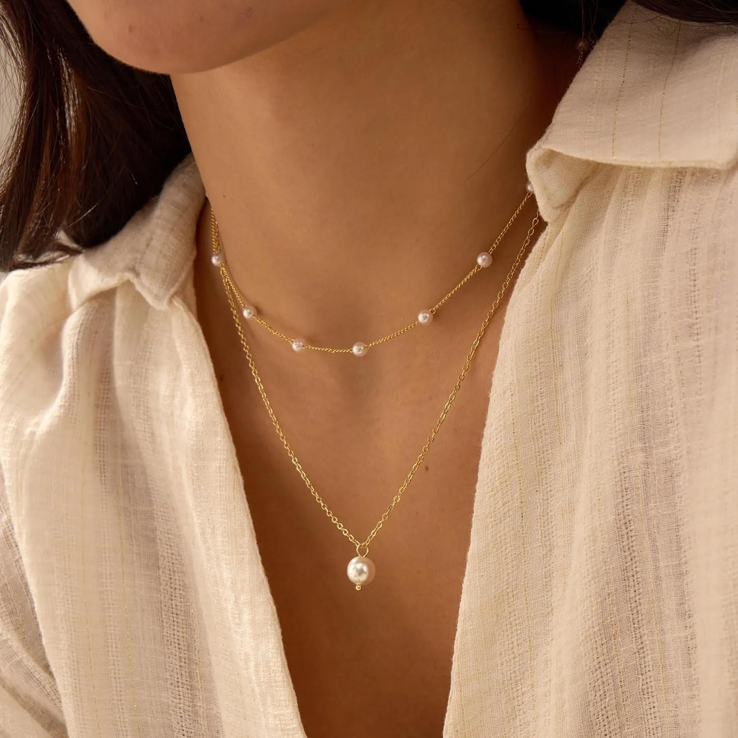 Gold Pearl Necklaces for Women, 14K Natural Freshwater Dainty Pearl Choker Necklaces for Women, Elegant Jewelry for Mom, Wife - Valentine's Day, Anniversary, Wedding Gift