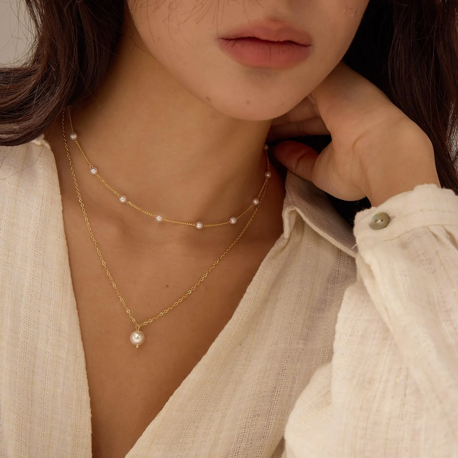 Gold Pearl Necklaces for Women, 14K Natural Freshwater Dainty Pearl Choker Necklaces for Women, Elegant Jewelry for Mom, Wife - Valentine's Day, Anniversary, Wedding Gift