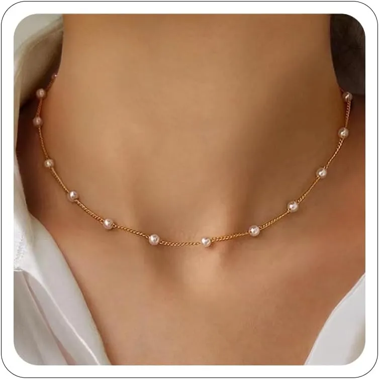 Gold Pearl Necklaces for Women 18K Gold Plated Pearl Necklaces Minimalist Fresh Water Pearl Necklace Dainty White Pearl Choker Pendant Accessories Jewelry