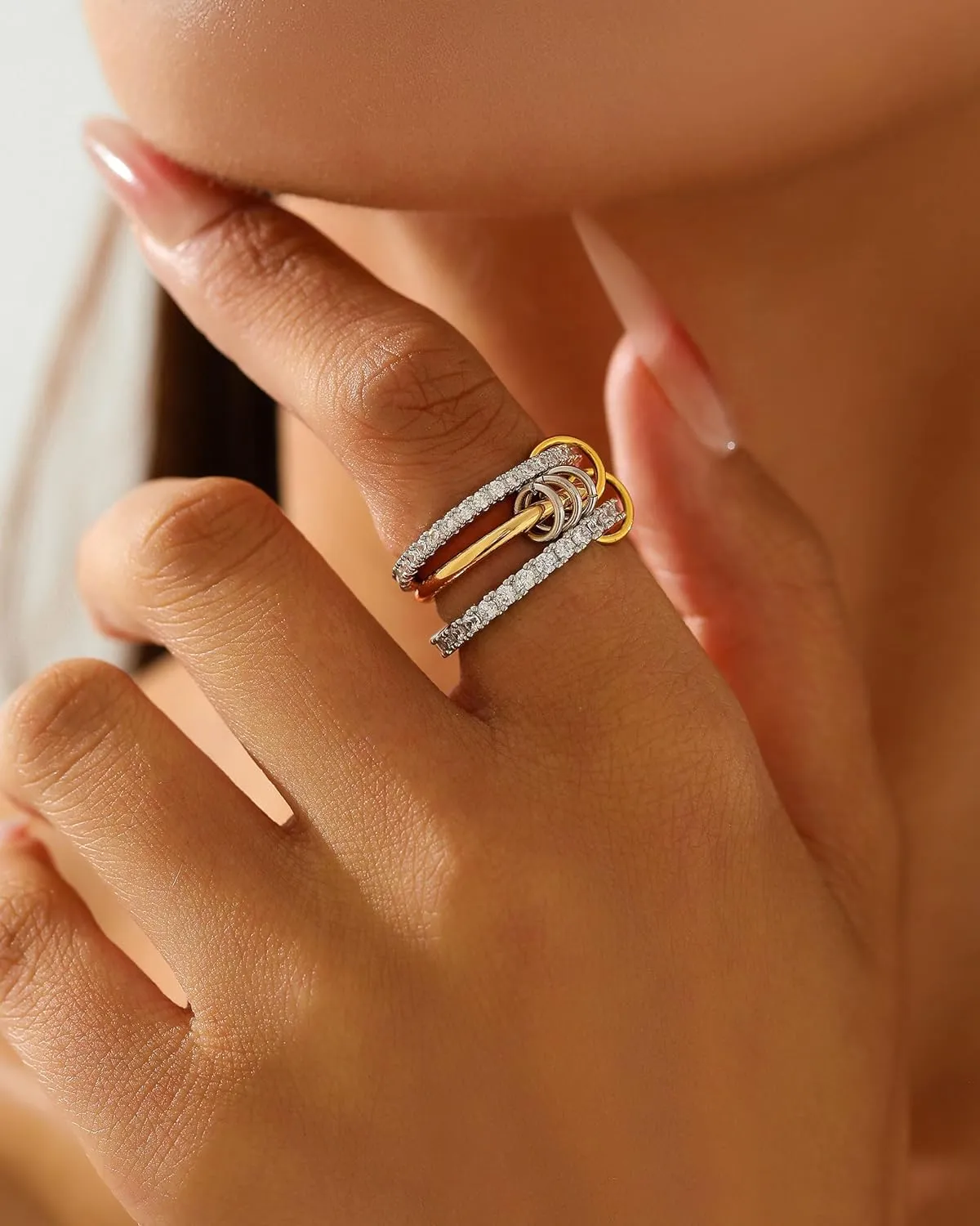 Gold Stackable Rings for Women, Gold Silver Ring Stack Set, Mixed Metal Stacked, Two Tone Connected, Dainty Interlocking Statement Finger Rings Jewelry