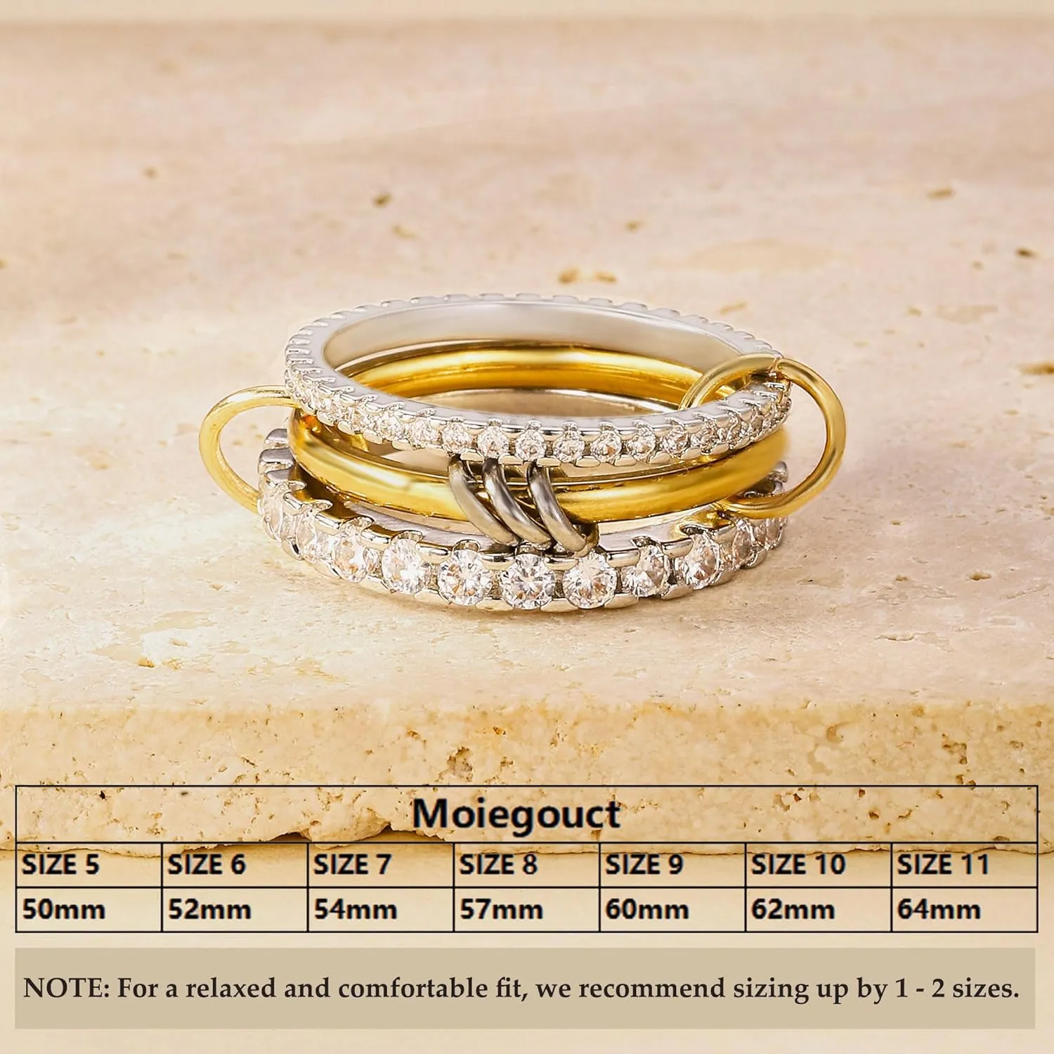 Gold Stackable Rings for Women, Gold Silver Ring Stack Set, Mixed Metal Stacked, Two Tone Connected, Dainty Interlocking Statement Finger Rings Jewelry