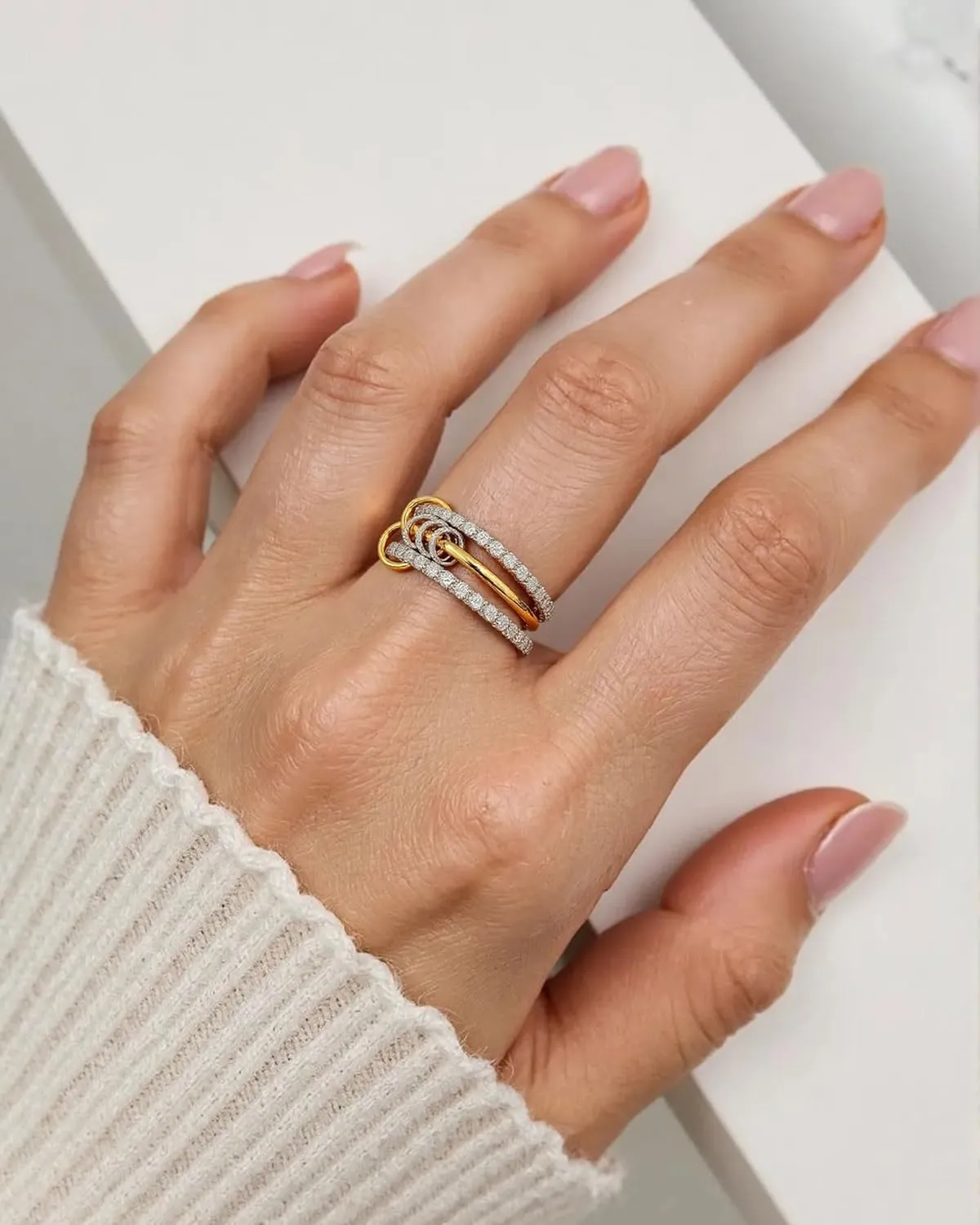 Gold Stackable Rings for Women, Gold Silver Ring Stack Set, Mixed Metal Stacked, Two Tone Connected, Dainty Interlocking Statement Finger Rings Jewelry