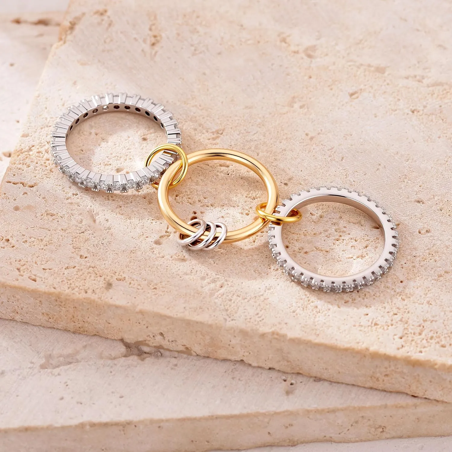 Gold Stackable Rings for Women, Gold Silver Ring Stack Set, Mixed Metal Stacked, Two Tone Connected, Dainty Interlocking Statement Finger Rings Jewelry